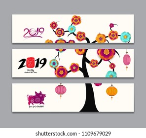 Horizontal Banners Set with Hand Drawn. Year of the pig