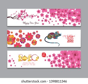 Horizontal banners set with hand drawn Chinese new year rat 2020