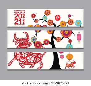Horizontale Banner mit handgezeichnet. Jahr des Ochsen (Chinesische Übersetzung Happy Chinese neues Jahr 2021, Jahr des Ochsen)