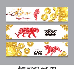 Horizontal Banners Set with Hand Drawn. Year of the Tiger. Happy Chinese New Year 2022, Year of the Tiger