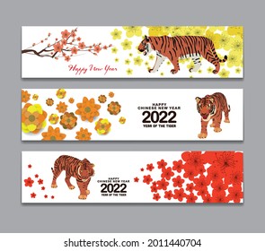 Banners horizontales con mano dibujada. Año del Tigre. Feliz Año Nuevo Chino 2022, año del tigre
