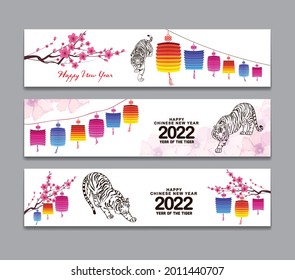 Horizontal Banners Set with Hand Drawn. Year of the the Tiger. Happy Chinese New Year 2022, Year of the Tiger