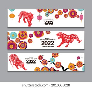 Horizontal Banners Set with Hand Drawn. Year of the Tiger. Happy chinese new year 2022, year of the tiger