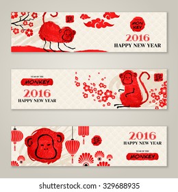 Horizontal Banners Set with Hand Drawn Chinese 2016 New Year Apes. Vector Illustration. Hieroglyph stamp translation: monkey.