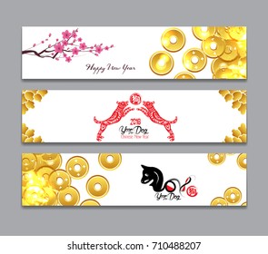 Horizontal Banners Set with Hand Drawn. Year of the dog (hieroglyph: Dog)