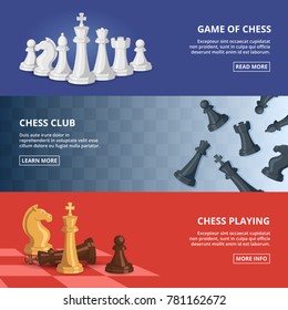 Horizontal banners set with illustrations of chess. Vector design template with place for your text. Chess strategy and competition, sport brainstorm intelligence