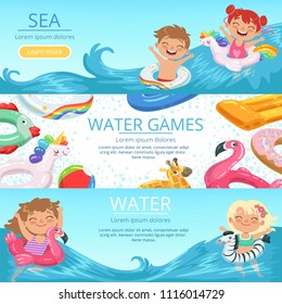 Horizontal banners set with illustrations of happy childrens playing on the beach and water park. Summer happy play game in pool, resort holiday vector