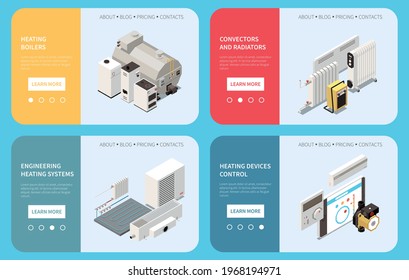 Horizontal banners set with isometric boiler radiator convector and control of heating system devices isolated vector illustration