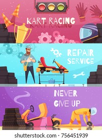 Horizontal banners set with kart racing apparel and repair service cartoon isolated vector illustration