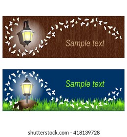  Horizontal Banners Set with  lanterns and butterflies. Wall light  on the wooden wall. Lantern on grass. Isolated .
