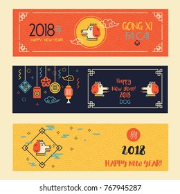 Horizontal Banners Set with Linear Chinese New Year Dog. Vector Illustration. Character translation: Dog. Modern Red, Yellow and Dark Blue Decorations. Symbol of 2018 New Year.