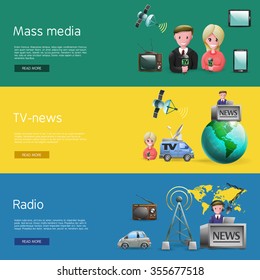 Horizontal banners set of mass media industry with news presenters tv and radio broadcasting cartoon vetor illustration