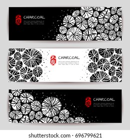 Horizontal banners set in modern Asian style. Round organic shape elements. Realistic cracked wood texture. Stamp for Charcoal. Typographic template for your text. Vector illustration.