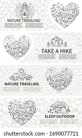 Horizontal banners set for Nature traveling in linear style. Sleep outdoor concep with pattern background. Hiking tour. Vector illustration