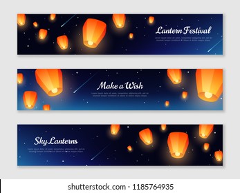 Horizontal Banners Set With Orange Paper Lanterns Floating In Night Sky. Vector Illustration. Traditional Design Elements For Chinese New Year Or Mid Autumn Festival.