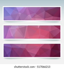 Horizontal banners set with pink, purple polygonal triangles. Polygon background, vector illustration