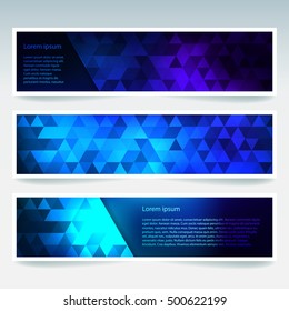 Horizontal banners set with polygonal  blue triangles. Polygon background, vector illustration
