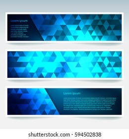 Horizontal banners set with polygonal blue triangles. Polygon background, vector illustration