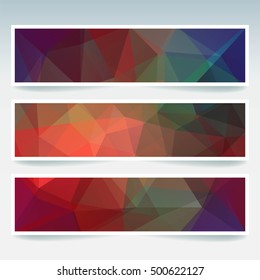 Horizontal banners set with polygonal dark colorful triangles. Polygon background, vector illustration. Autumn-colored. Red, orange, green, brown, blue colors