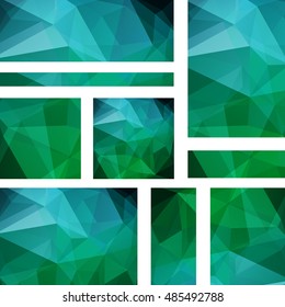 Horizontal banners set with polygonal green, blue triangles. Polygon background, vector illustration