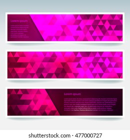 Horizontal banners set with polygonal pink triangles. Polygon background, vector illustration