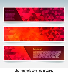 Horizontal banners set with polygonal red triangles. Polygon background, vector illustration