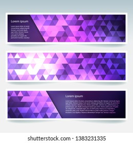 Horizontal banners set with polygonal triangles. Polygon background, vector illustration. Pink, purple colors.