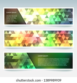 Horizontal banners set with polygonal triangles. Polygon background, vector illustration. Yellow, green colors.