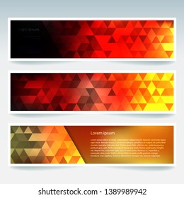 Horizontal banners set with polygonal triangles. Polygon background, vector illustration. Red, yellow colors.