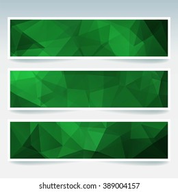 Horizontal banners set with polygonal triangles. Green color. Polygon background, vector illustration