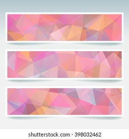 Horizontal banners set with polygonal triangles. Polygon background, vector illustration. Pastel, pink, orange colors. 