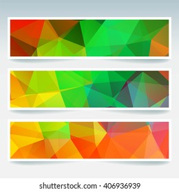 Horizontal banners set with polygonal triangles. Polygon background, vector illustration. Green, orange colors. 
