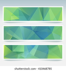 Horizontal banners set with polygonal triangles. Polygon background, vector illustration. Green, blue colors. 