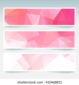 Horizontal banners set with polygonal triangles. Polygon background, vector illustration. Pink, white colors. 