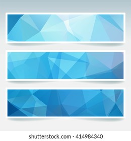 Horizontal banners set with polygonal triangles. Polygon background, vector illustration. Blue, white colors. 
