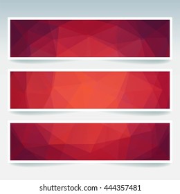 Horizontal banners set with polygonal triangles. Polygon background, vector illustration. Red, orange, brown colors. 
