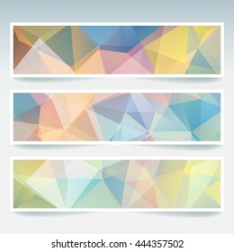 Horizontal banners set with polygonal triangles. Polygon background, vector illustration. Light pastel colors. 