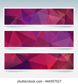 Horizontal banners set with polygonal triangles. Polygon background, vector illustration. Purple colors. 
