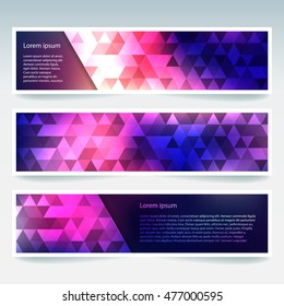 Horizontal banners set with polygonal triangles. Polygon background, vector illustration. Pink, purple, blue colors