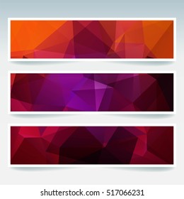 Horizontal banners set with polygonal triangles. Polygon background, vector illustration. Orange, red, purple colors