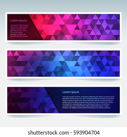 Horizontal banners set with polygonal triangles. Polygon background, vector illustration. Pink, purple, blue colors. 