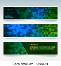 Horizontal banners set with polygonal triangles. Polygon background, vector illustration. Blue, green colors.