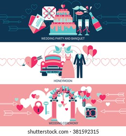 Horizontal banners set presenting wedding party and banquet honeymoon for just married and ceremony flat vector illustration