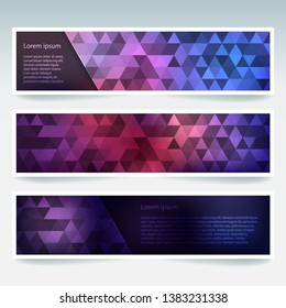 Horizontal banners set with purple polygonal triangles. Polygon background, vector illustration