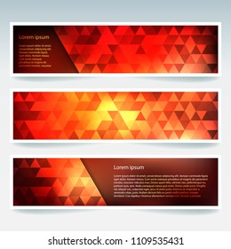 Horizontal banners set with red, orange polygonal triangles. Polygon background, vector illustration