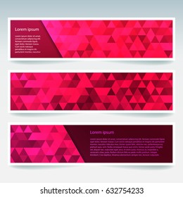 Horizontal banners set with red polygonal triangles. Polygon background, vector illustration