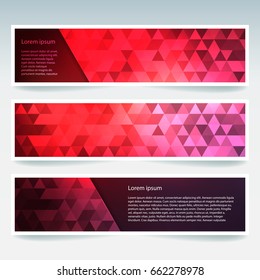 Horizontal banners set with red polygonal triangles. Polygon background, vector illustration