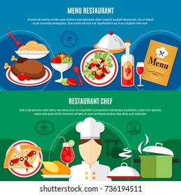 Horizontal banners set with restaurant chef and menu isolated on green and blue background flat vector illustration