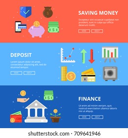 Horizontal banners set. Save your money. Vector concept pictures with different symbols of business and money. Finance deposit, financial investment illustration