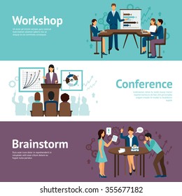 Horizontal banners set of scenes presenting business workshop conference and brainstorm flat vector illustration